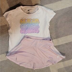 Adidas White Tee with Pastel Logo and Light Pink Skirt